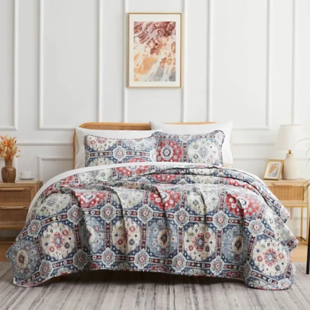 Boho Batik Style Bohemian Print Muted Block Oversized Queen Quilt Set
